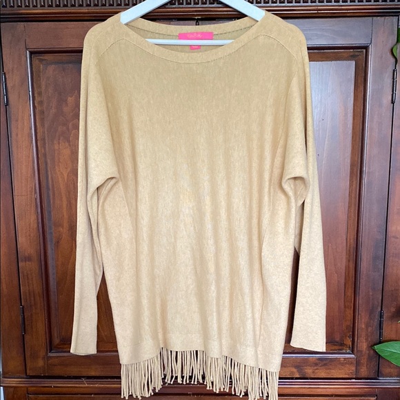 Lilly Pulitzer Glenda Fringed Coolmax Sweater in Heathered Sandbar Size Medium - Picture 4 of 16